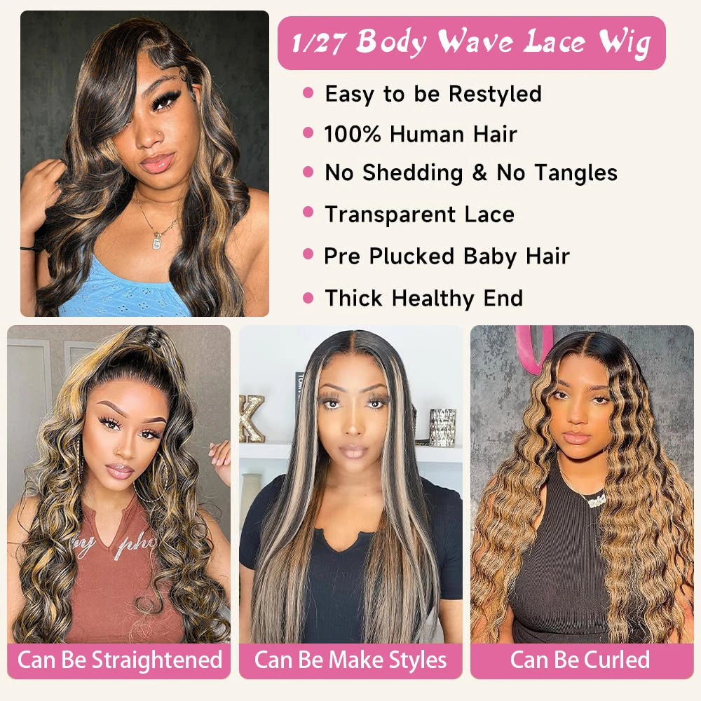 The Honey 32 Inch 1B/27 Highlight Body Wave HD Lace Front Wig